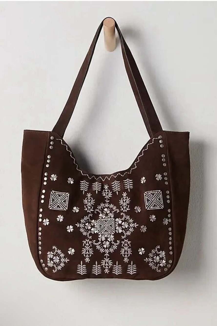 Free People Eden Embroidered Suede Studded Tote Bag